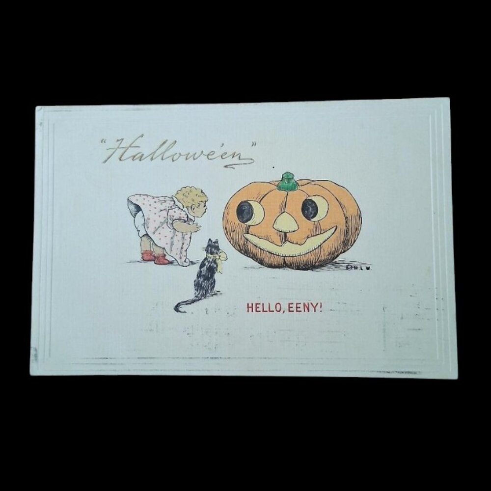 RARE 1910 "Hallowe'en: Hello, eeny!" by H.L. Woehler Antique Halloween Postcard